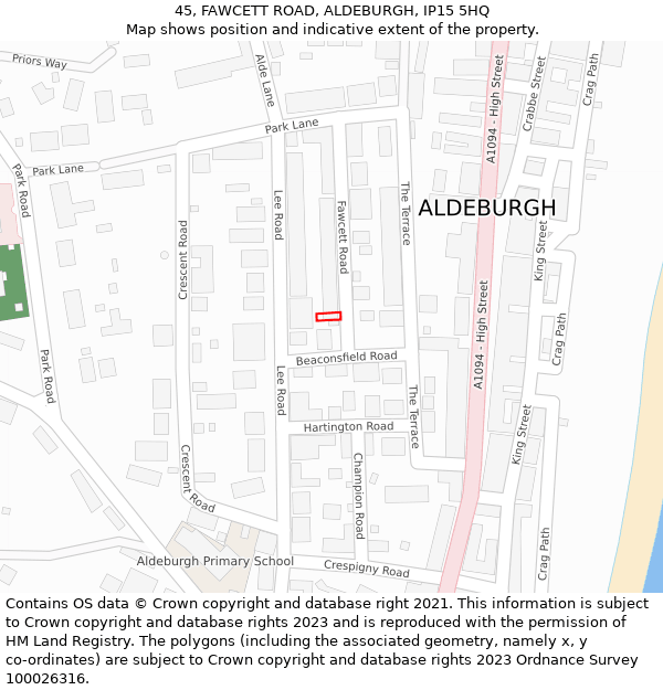 45, FAWCETT ROAD, ALDEBURGH, IP15 5HQ: Location map and indicative extent of plot