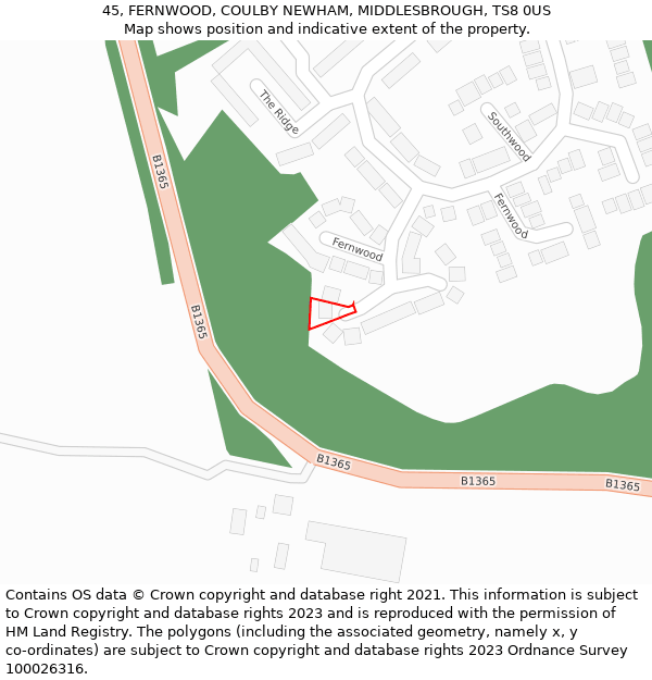 45, FERNWOOD, COULBY NEWHAM, MIDDLESBROUGH, TS8 0US: Location map and indicative extent of plot
