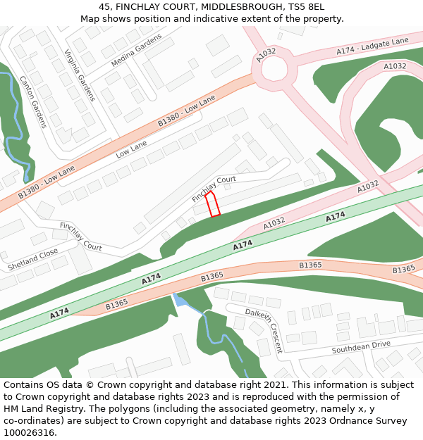 45, FINCHLAY COURT, MIDDLESBROUGH, TS5 8EL: Location map and indicative extent of plot