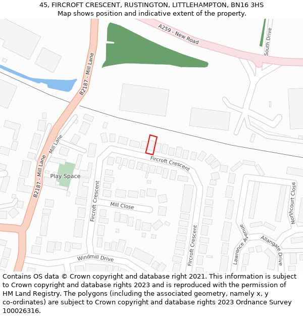 45, FIRCROFT CRESCENT, RUSTINGTON, LITTLEHAMPTON, BN16 3HS: Location map and indicative extent of plot