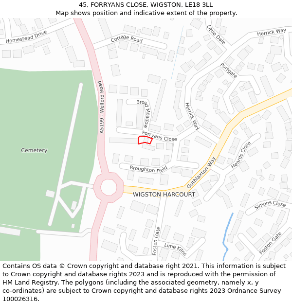 45, FORRYANS CLOSE, WIGSTON, LE18 3LL: Location map and indicative extent of plot