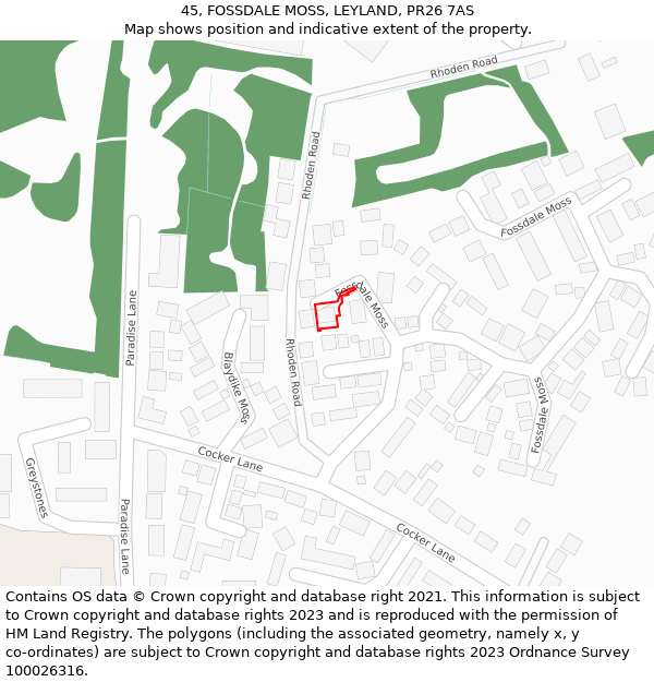 45, FOSSDALE MOSS, LEYLAND, PR26 7AS: Location map and indicative extent of plot