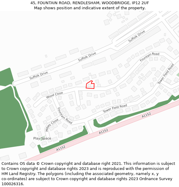 45, FOUNTAIN ROAD, RENDLESHAM, WOODBRIDGE, IP12 2UF: Location map and indicative extent of plot