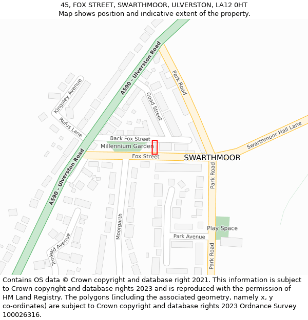 45, FOX STREET, SWARTHMOOR, ULVERSTON, LA12 0HT: Location map and indicative extent of plot