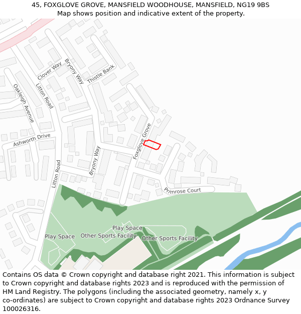 45, FOXGLOVE GROVE, MANSFIELD WOODHOUSE, MANSFIELD, NG19 9BS: Location map and indicative extent of plot