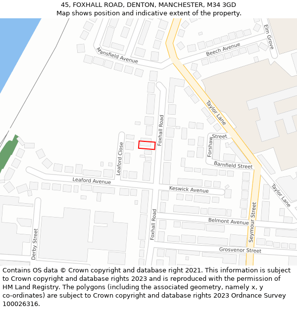 45, FOXHALL ROAD, DENTON, MANCHESTER, M34 3GD: Location map and indicative extent of plot