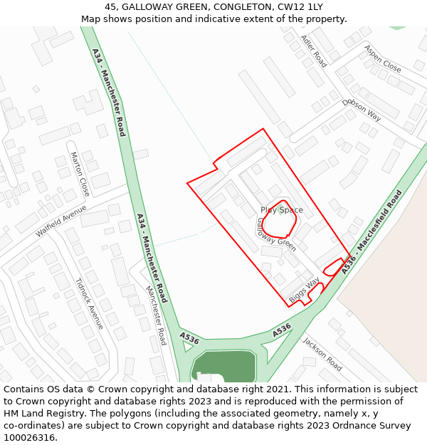 45, GALLOWAY GREEN, CONGLETON, CW12 1LY: Location map and indicative extent of plot