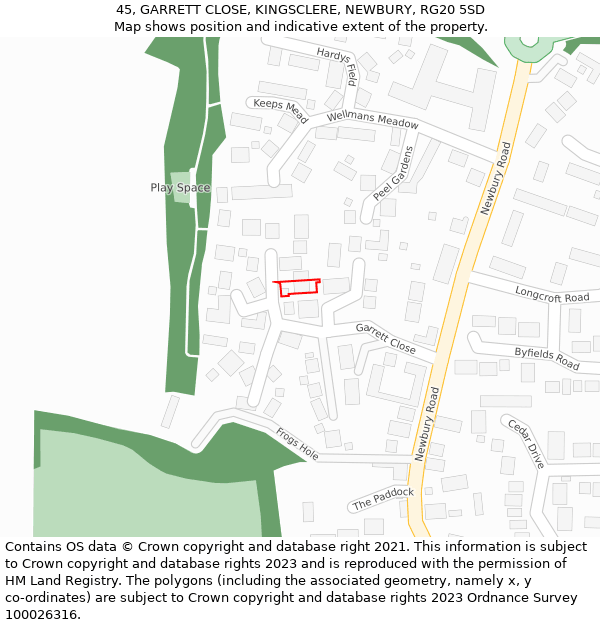 45, GARRETT CLOSE, KINGSCLERE, NEWBURY, RG20 5SD: Location map and indicative extent of plot