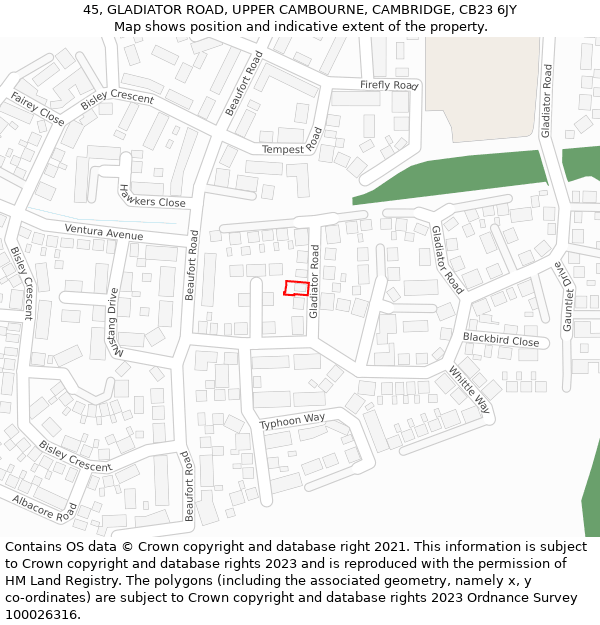 45, GLADIATOR ROAD, UPPER CAMBOURNE, CAMBRIDGE, CB23 6JY: Location map and indicative extent of plot