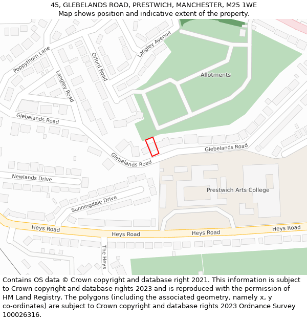 45, GLEBELANDS ROAD, PRESTWICH, MANCHESTER, M25 1WE: Location map and indicative extent of plot