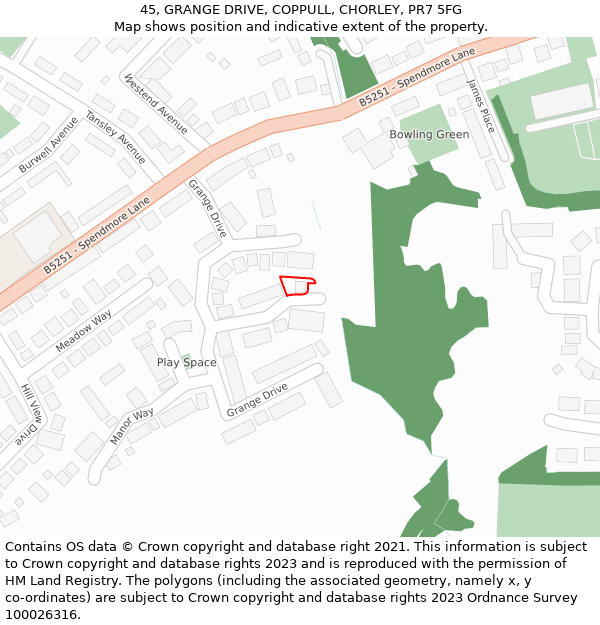 45, GRANGE DRIVE, COPPULL, CHORLEY, PR7 5FG: Location map and indicative extent of plot