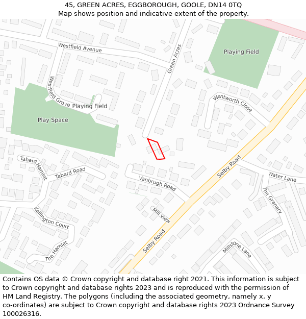 45, GREEN ACRES, EGGBOROUGH, GOOLE, DN14 0TQ: Location map and indicative extent of plot