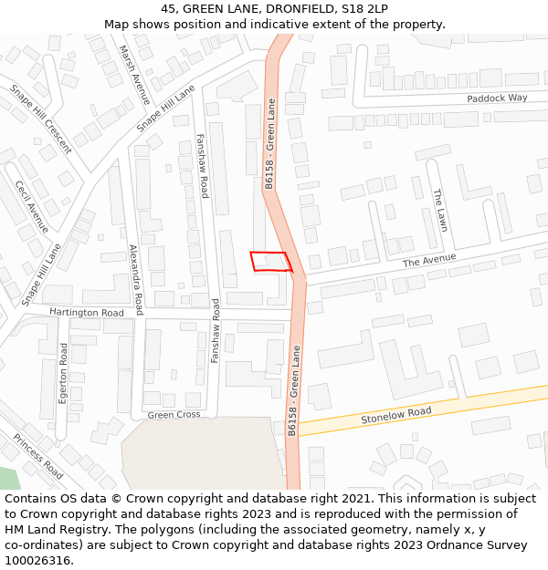 45, GREEN LANE, DRONFIELD, S18 2LP: Location map and indicative extent of plot