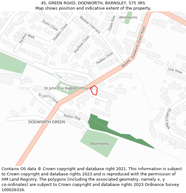 45, GREEN ROAD, DODWORTH, BARNSLEY, S75 3RS: Location map and indicative extent of plot