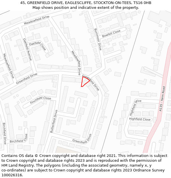45, GREENFIELD DRIVE, EAGLESCLIFFE, STOCKTON-ON-TEES, TS16 0HB: Location map and indicative extent of plot