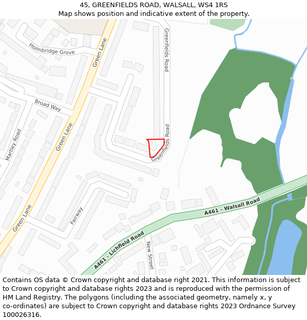 45, GREENFIELDS ROAD, WALSALL, WS4 1RS: Location map and indicative extent of plot