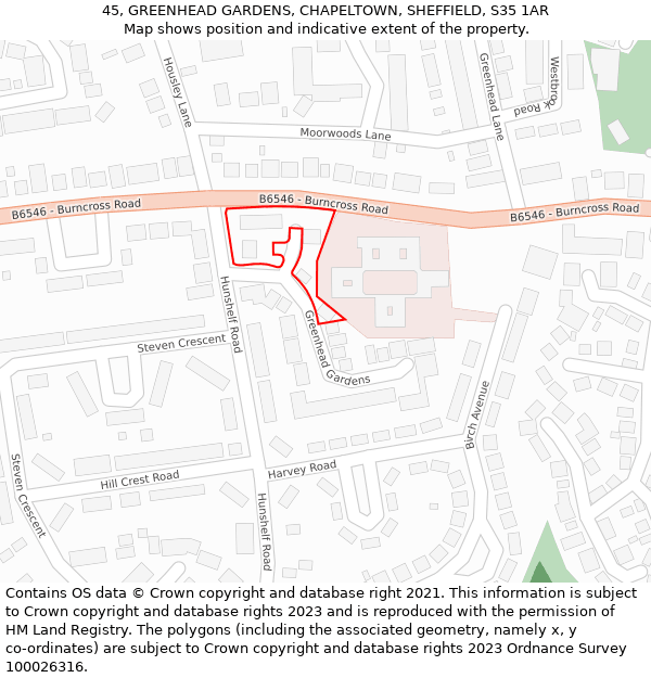45, GREENHEAD GARDENS, CHAPELTOWN, SHEFFIELD, S35 1AR: Location map and indicative extent of plot