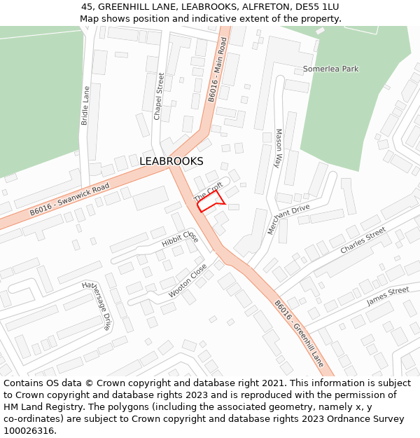 45, GREENHILL LANE, LEABROOKS, ALFRETON, DE55 1LU: Location map and indicative extent of plot