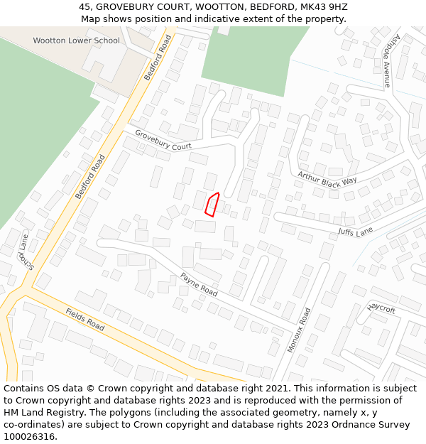 45, GROVEBURY COURT, WOOTTON, BEDFORD, MK43 9HZ: Location map and indicative extent of plot