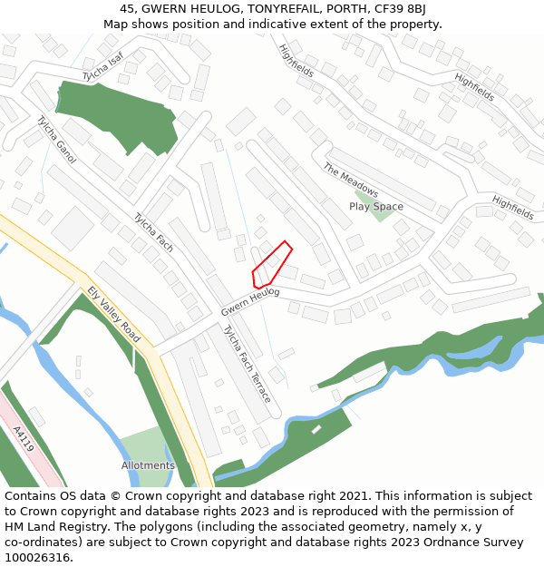 45, GWERN HEULOG, TONYREFAIL, PORTH, CF39 8BJ: Location map and indicative extent of plot