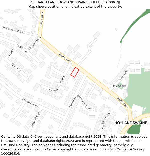 45, HAIGH LANE, HOYLANDSWAINE, SHEFFIELD, S36 7JJ: Location map and indicative extent of plot