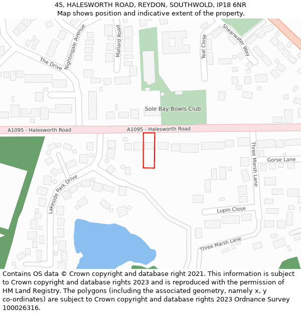 45, HALESWORTH ROAD, REYDON, SOUTHWOLD, IP18 6NR: Location map and indicative extent of plot