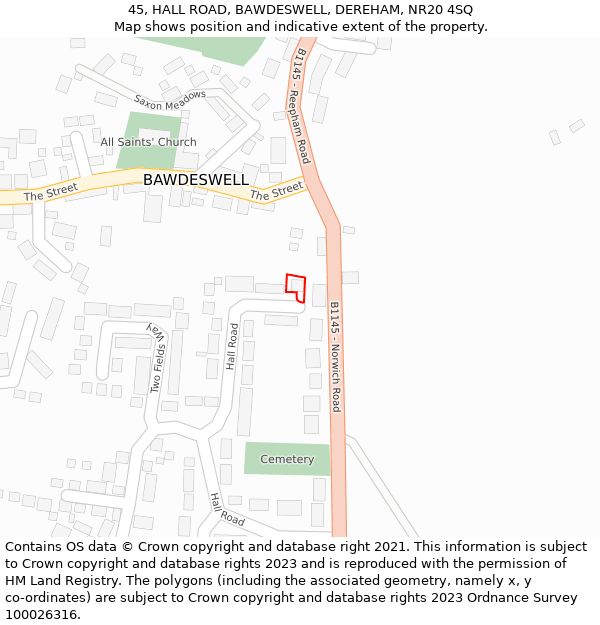 45, HALL ROAD, BAWDESWELL, DEREHAM, NR20 4SQ: Location map and indicative extent of plot