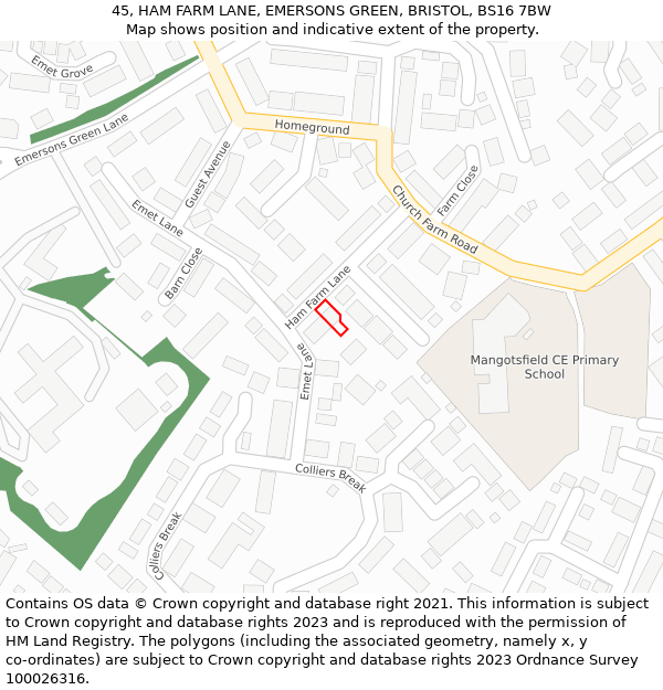 45, HAM FARM LANE, EMERSONS GREEN, BRISTOL, BS16 7BW: Location map and indicative extent of plot