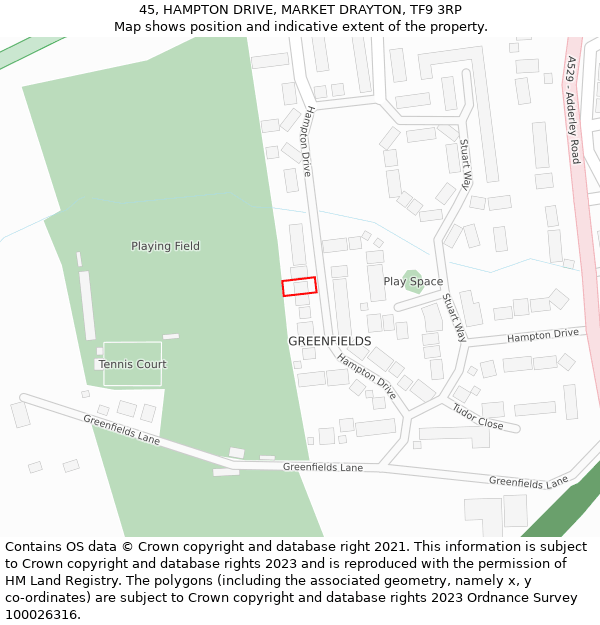 45, HAMPTON DRIVE, MARKET DRAYTON, TF9 3RP: Location map and indicative extent of plot