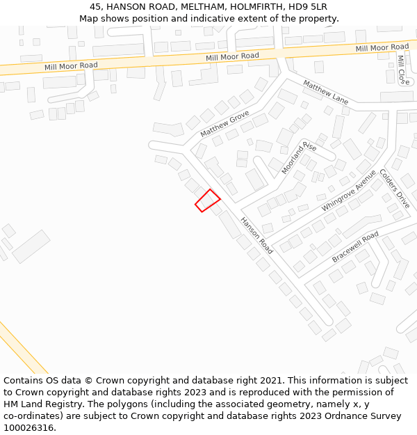 45, HANSON ROAD, MELTHAM, HOLMFIRTH, HD9 5LR: Location map and indicative extent of plot