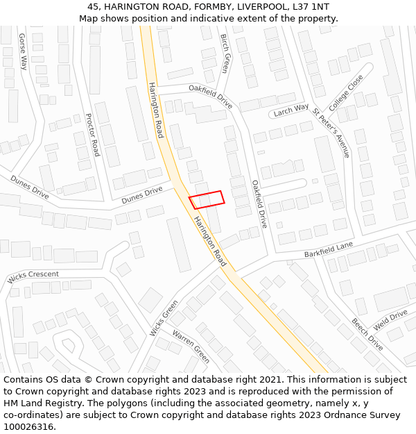 45, HARINGTON ROAD, FORMBY, LIVERPOOL, L37 1NT: Location map and indicative extent of plot