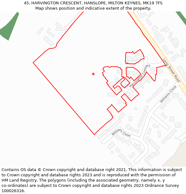 45, HARVINGTON CRESCENT, HANSLOPE, MILTON KEYNES, MK19 7FS: Location map and indicative extent of plot