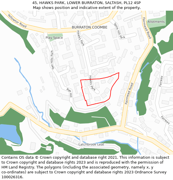 45, HAWKS PARK, LOWER BURRATON, SALTASH, PL12 4SP: Location map and indicative extent of plot