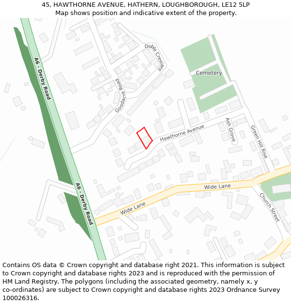 45, HAWTHORNE AVENUE, HATHERN, LOUGHBOROUGH, LE12 5LP: Location map and indicative extent of plot