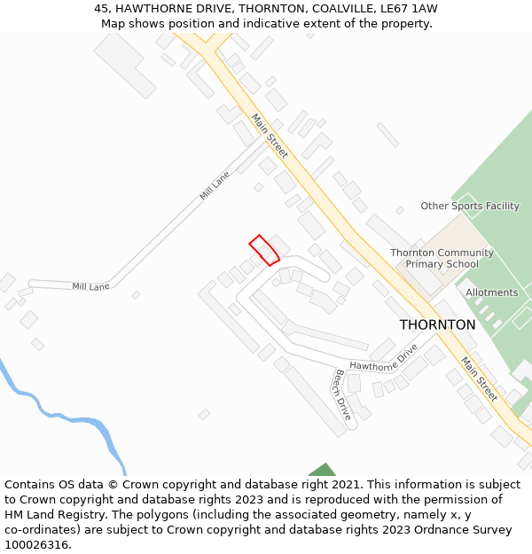 45, HAWTHORNE DRIVE, THORNTON, COALVILLE, LE67 1AW: Location map and indicative extent of plot