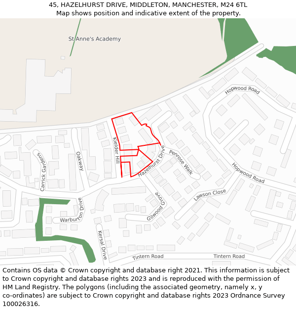 45, HAZELHURST DRIVE, MIDDLETON, MANCHESTER, M24 6TL: Location map and indicative extent of plot