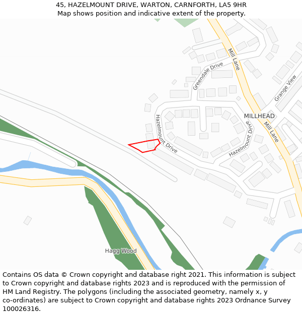 45, HAZELMOUNT DRIVE, WARTON, CARNFORTH, LA5 9HR: Location map and indicative extent of plot