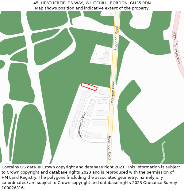 45, HEATHERFIELDS WAY, WHITEHILL, BORDON, GU35 9DN: Location map and indicative extent of plot