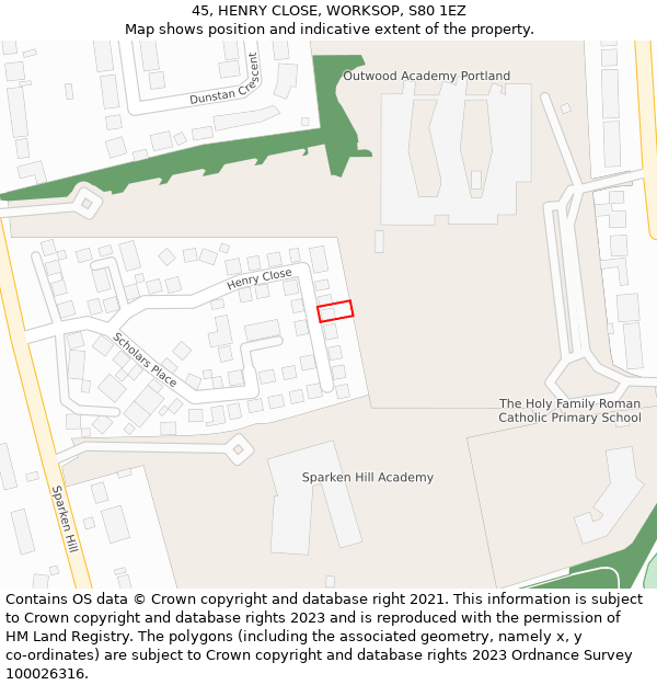 45, HENRY CLOSE, WORKSOP, S80 1EZ: Location map and indicative extent of plot