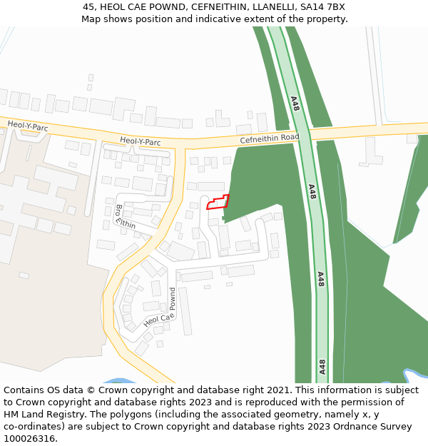 45, HEOL CAE POWND, CEFNEITHIN, LLANELLI, SA14 7BX: Location map and indicative extent of plot