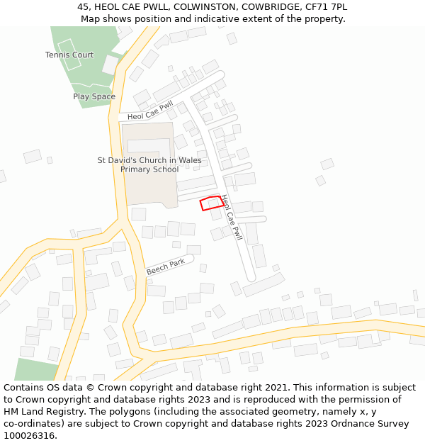 45, HEOL CAE PWLL, COLWINSTON, COWBRIDGE, CF71 7PL: Location map and indicative extent of plot