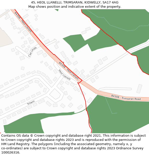 45, HEOL LLANELLI, TRIMSARAN, KIDWELLY, SA17 4AG: Location map and indicative extent of plot