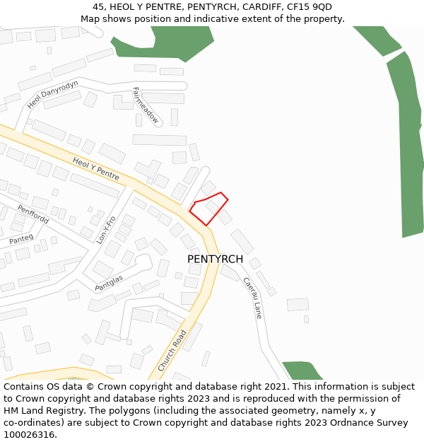 45, HEOL Y PENTRE, PENTYRCH, CARDIFF, CF15 9QD: Location map and indicative extent of plot