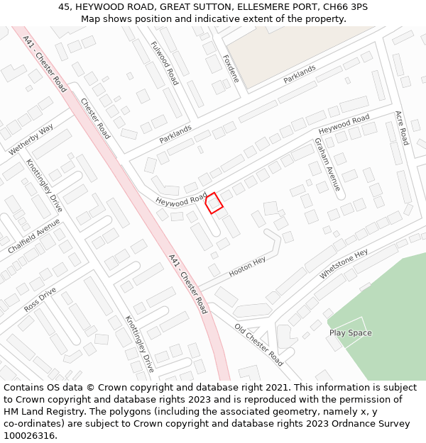 45, HEYWOOD ROAD, GREAT SUTTON, ELLESMERE PORT, CH66 3PS: Location map and indicative extent of plot