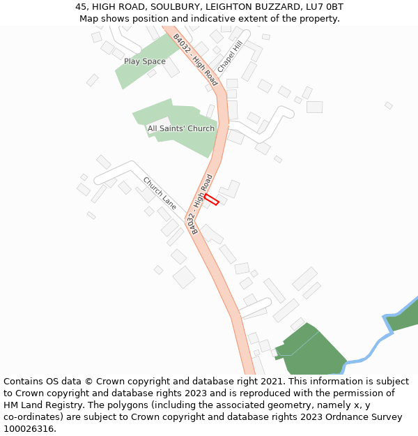 45, HIGH ROAD, SOULBURY, LEIGHTON BUZZARD, LU7 0BT: Location map and indicative extent of plot