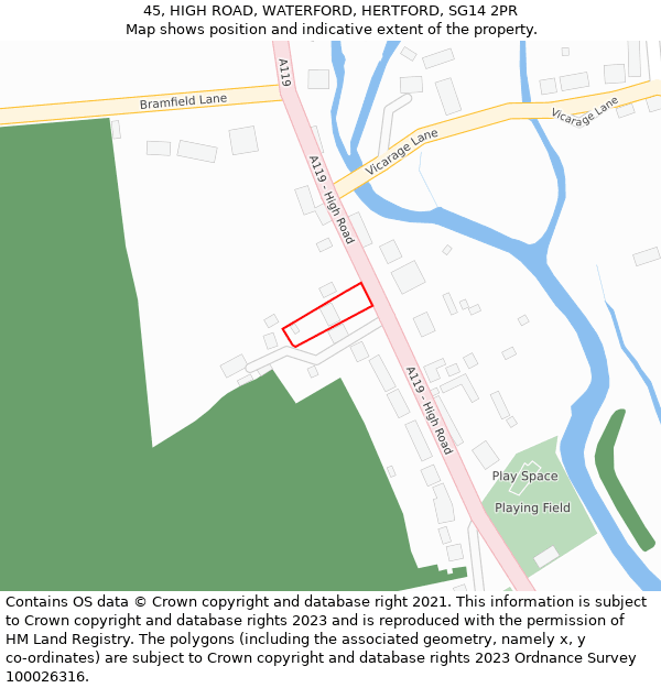 45, HIGH ROAD, WATERFORD, HERTFORD, SG14 2PR: Location map and indicative extent of plot