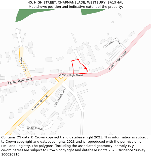 45, HIGH STREET, CHAPMANSLADE, WESTBURY, BA13 4AL: Location map and indicative extent of plot