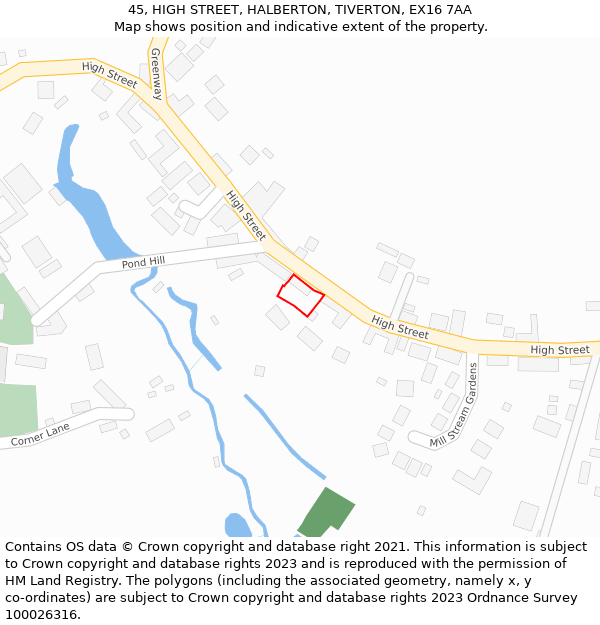 45, HIGH STREET, HALBERTON, TIVERTON, EX16 7AA: Location map and indicative extent of plot