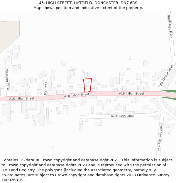 45, HIGH STREET, HATFIELD, DONCASTER, DN7 6RS: Location map and indicative extent of plot