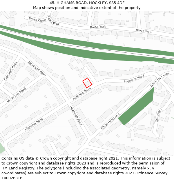 45, HIGHAMS ROAD, HOCKLEY, SS5 4DF: Location map and indicative extent of plot